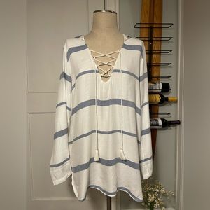 NWT Billabong Striped Beach Swim Cover-Up Tunic Hoodie Top Large Boho Surfer